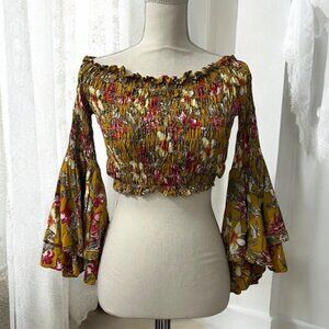 ETwo Floral Smocked Off Shoulder Bell‎ Sleeve Fairy Cottage Boho Crop Top  S